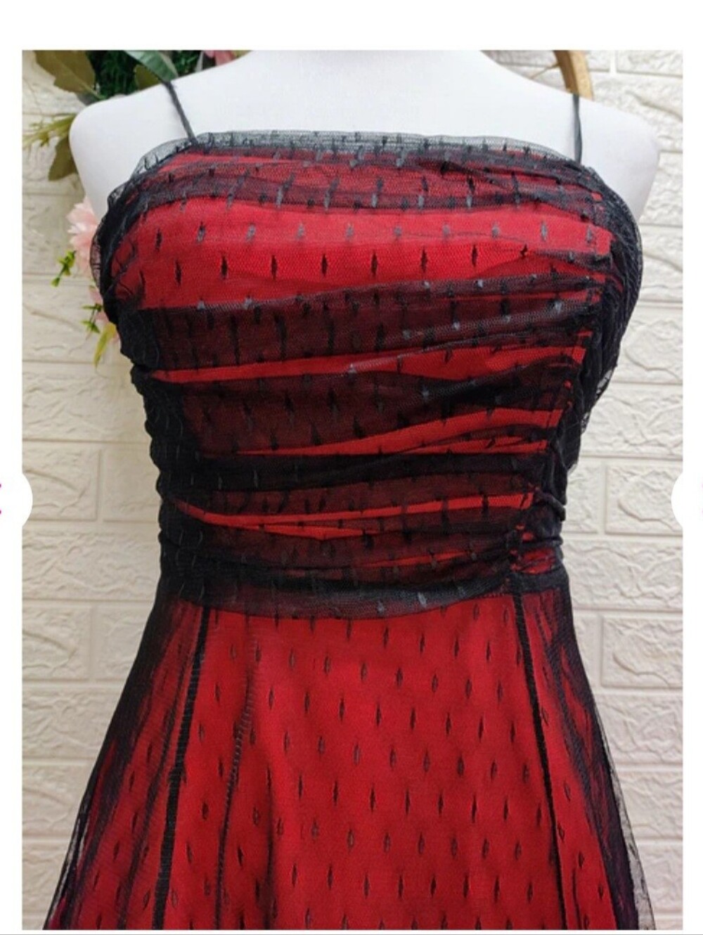 Women's Vintage strapless Red and black Mesh Overlay Dress. No size, No brand
